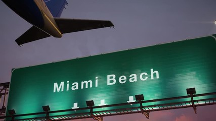 Wall Mural - Airplane Take off Miami Beach during a wonderful sunset