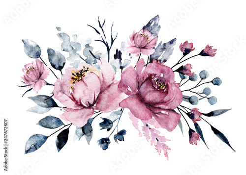 Watercolor pink flowers, grey leaves. Bouquet, floral illustration isolated o...