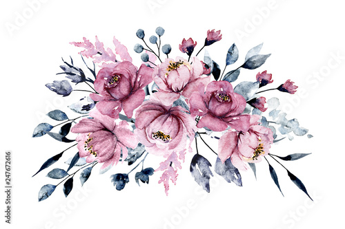 Watercolor pink flowers, grey leaves. Bouquet, floral illustration isolated o...