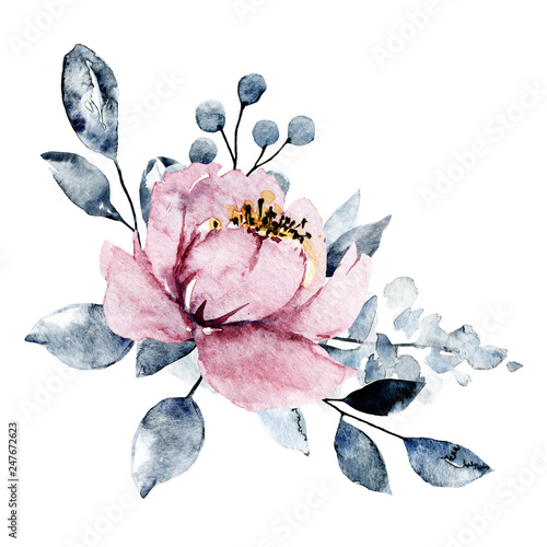 Watercolor pink flower, grey leaves. Bouquet, floral illustration isolated on...