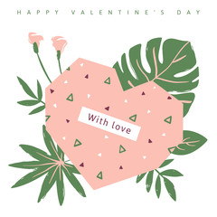 Wall Mural - Pink heart with colorful triangles inside, on the background of green tropical leaves. Vector illustration for Valentine's day greeting card