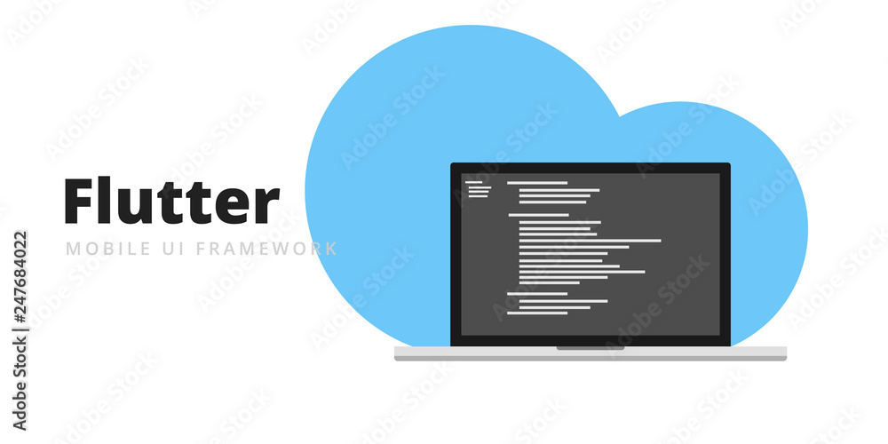 Learn to code Flutter Mobile UI Framework with script code on laptop ...