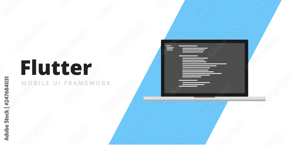 Learn to code Flutter Mobile UI Framework with script code on laptop ...