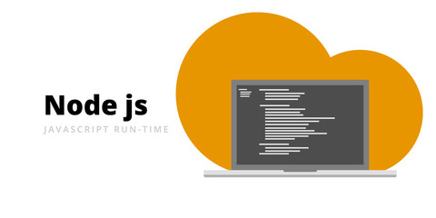 Wall Mural - learn to code node js javascript run-time programming language with script code on laptop screen, pr