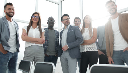 Wall Mural - boss and business team standing in bright office