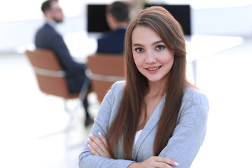 Sticker - business woman on blurred background office