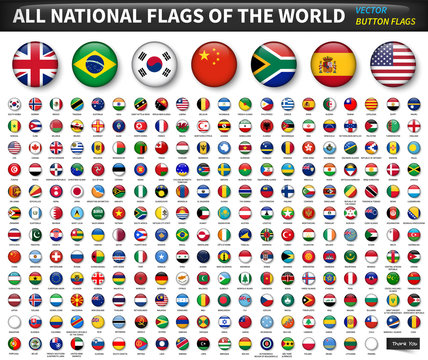 Fototapete - All national flags of the world . Circle convex button design . Elements vector