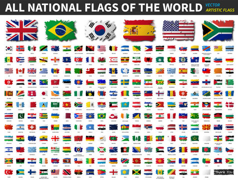 Fototapete - All national flags of the world . Artistic watercolor painting flat design . Vector
