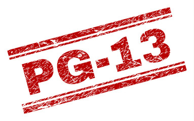 Wall Mural - pg-13 seal print with distress texture. red vector rubber print of pg-13 text with unclean texture. 