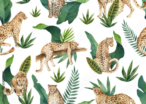 Foto-Schiebegardine mit Schienensystem - Watercolor vector seamless pattern of tropical leaves and leopards in jungle isolated on white background. (von ElenaMedvedeva)