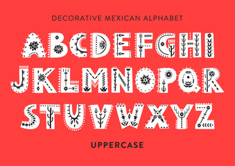 Poster - Vector patterned alphabet decorated with folk mexican ornaments.  Display uppercase font on a red background