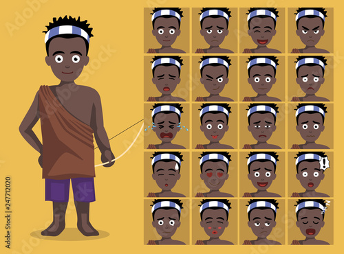 African Tribe Clothes Male Hadza Cartoon Emotion faces Vector Illustration