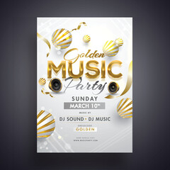 Canvas Print - Golden music party invitation card design with woofers and 3d abstract spheres on glossy background.