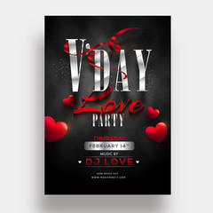 Wall Mural - stylish lettering of valentine's day love party and red glossy heart shapes illustration for templat