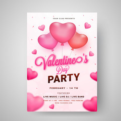 Wall Mural - Valentine's Day party template or flyer design decorated with glossy heart balloons.