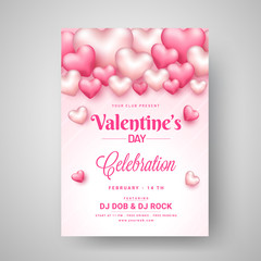 Wall Mural - Valentine's Day Celebration template design decorated with glossy heart shapes on pink stripe background.