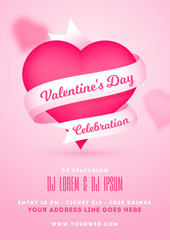 Wall Mural - valentine's day celebration template or flyer design with pink heart shape and date, time venue deta