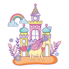 Canvas Print - beautiful little unicorn with castle and rainbow