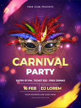 Carnival Party Template Or Flyer Design With Realistic Party Mask On Purple Bokeh Background.
