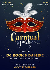 Sticker - Carnival party template or flyer design with illustration of party mask on blue background.