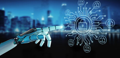 Fototapete - White robot on blurred background hacking and accessing private cyber datas