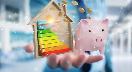 Wall Mural - businessman saving money with good energy chart rating 3d rendering