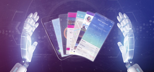 Cyborg hand holding Mobile application template on a smartphone 3d rendering