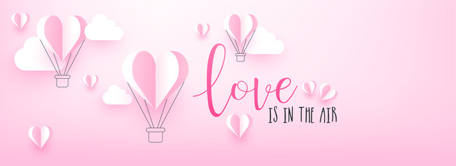 Wall Mural - vector illustration of paper origami of hot air balloons on glossy pink background for love header o