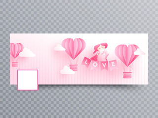 Wall Mural - valentine's day social media header or banner design with paper origami of hot air balloons and cute