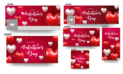 Wall Mural - realistic glossy heart shapes decorated social media header and poster set for valentine's day celeb