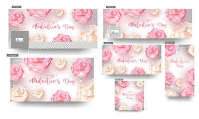Wall Mural - beautiful flowers decorated header and banner set for valentine's day celebration.