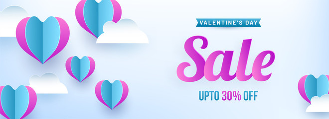 Wall Mural - paper origami of heart shapes on cloudy background, valentine's day sale banner design with 30% disc