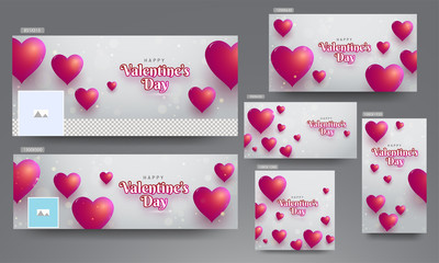 Wall Mural - social media header and poster set decorated with red heart shapes for valentine's day.
