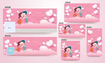 Wall Mural - happy valentine's day social media header and poster set with illustration of couple in romantic pos