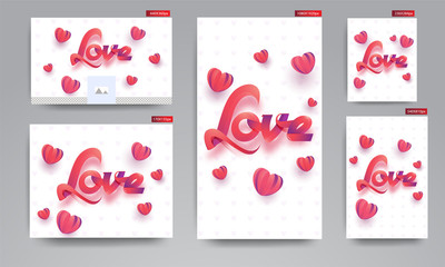 Wall Mural - stylish lettering of love with paper origami of heart shapes on white background for valentine's day