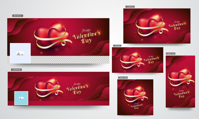Wall Mural - glossy heart shapes with golden ribbon illustration on red background. valentine's day social media 