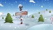 North Pole Merry Christmas 4K Loop features a north pole Merry Christmas sign in a cartoonish snowy landscape with pine trees, candy canes, and falling snow in a loop