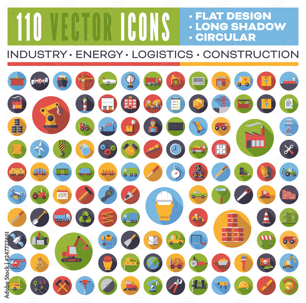Set of 110 flat design long shadow round vector icons for web, print ...