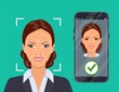 © Rogatnev - Face recognition , biometric security system concept. Face ID, mobile app. Phone with biometric identification woman face on the screen. Vector illustration in flat style