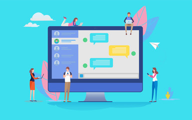 Wall Mural - group of people use social media online chatting application. people vector illustration. flat carto