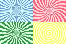 Set Of Vector Swirl And Radial Backgrounds. Spiral Stripes In Retro Pop Art Style