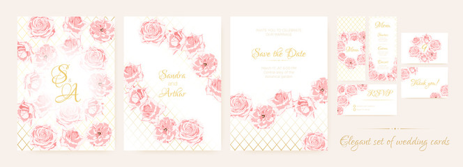 Wall Mural - Wedding Cards Set with Delicate Pink Roses.