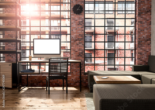 Loft Style Room Interior Design With Computer Mockup Bamboo