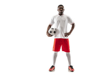 Wall Mural - Professional african american football soccer player standing isolated on white studio background.