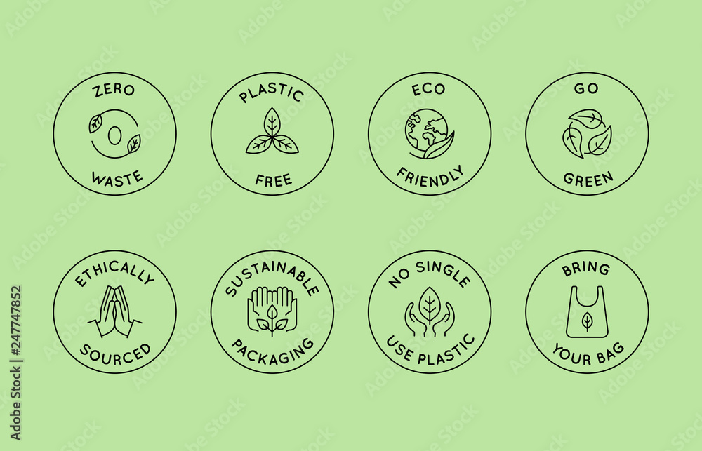 Vector set of design elements, logo design templates, icons and badges in trendy linear style - zero waste and plastic free concepts - obrazy, fototapety, plakaty 
