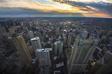 Wall Mural - Chicago skyline panorama aerial view with skyscrapers and cloudy sky at sunset.