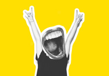 Stylish Fashion Blonde With Short Hair Colorful Collage. Crazy Girl In A Black T-shirt And Rock Sunglasses Scream Holding Her Head. Rocky Emotional Woman. White Toned. Yellow Background, Not Isolated