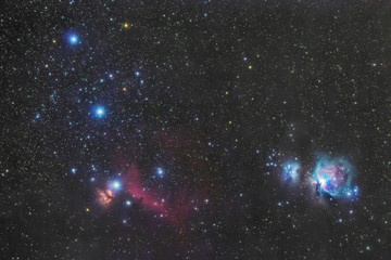 Wall Mural - orion's belt in the winter sky, stars alnitak, alnilam, mintaka, horsehead nebula, orion nebula