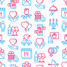 Valentine's Day Seamless Pattern With Thin Line Icons: Couple In Love, Romantic Evening, Cupid Bow, Balloons, Envelope, Gift Card, Candles, Love Message, Gift Delivery. Modern Vector Illustration.