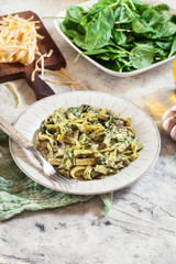 Wall Mural - Tagliatelle pasta with spinach and mushrooms on a plate